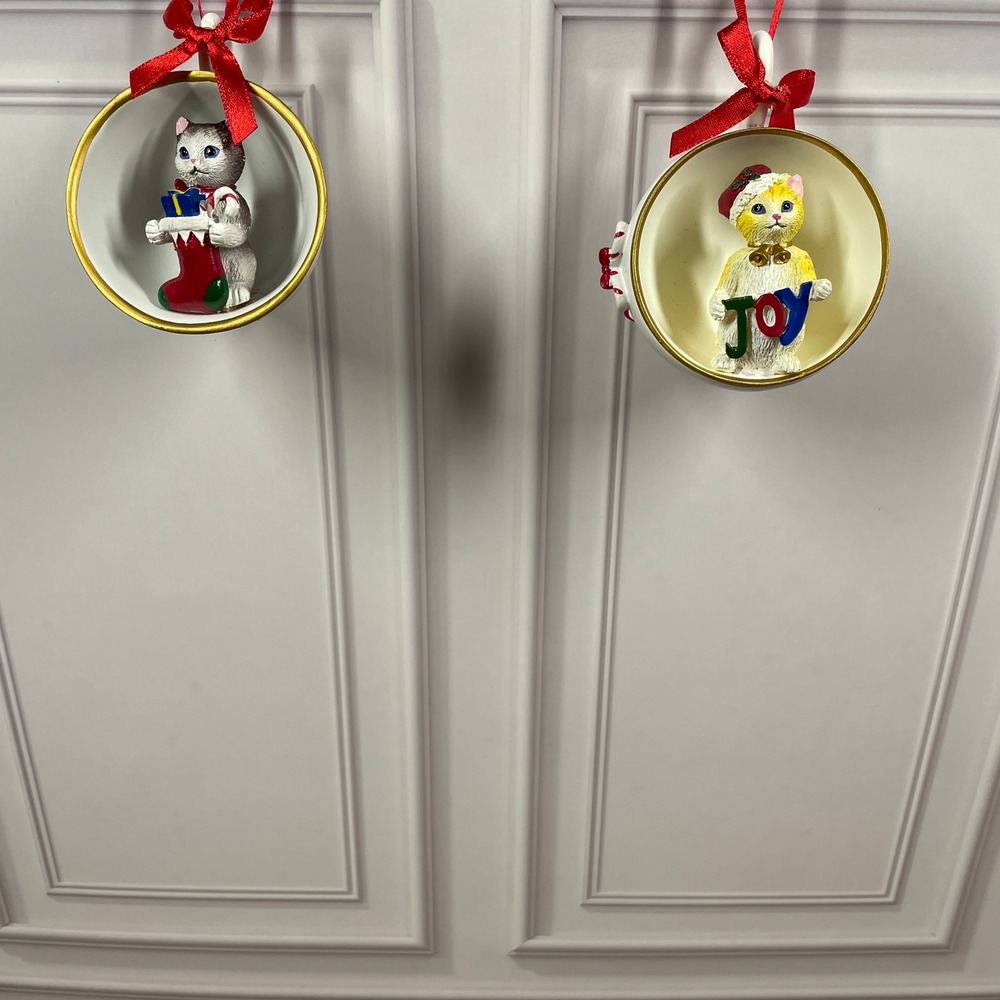 Set of 2 Christmas Cat Hanging Ornaments Teacup Joy Gift Stocking Holiday Decor